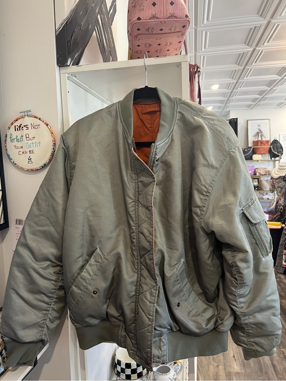 BDG Olive Green Bomber Jacket with Orange Lining